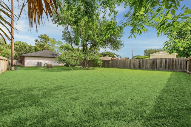 view of yard featuring central air condition unit and a fenced backyard