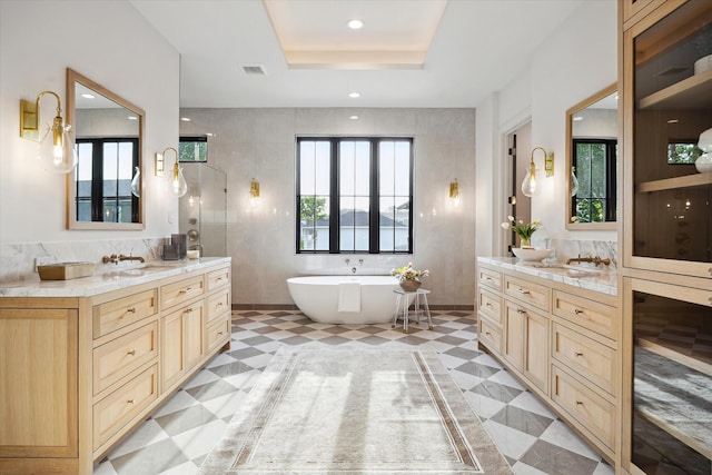 bathroom featuring visible vents, a freestanding tub, a tray ceiling, and a wealth of natural light