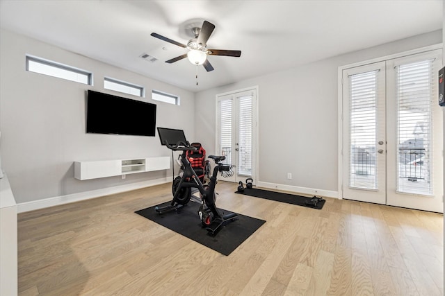 846 Dunleigh Meadows Ln, Houston, TX 77055 - workout area featuring french doors, ceiling fan, wood finished floors, and baseboards