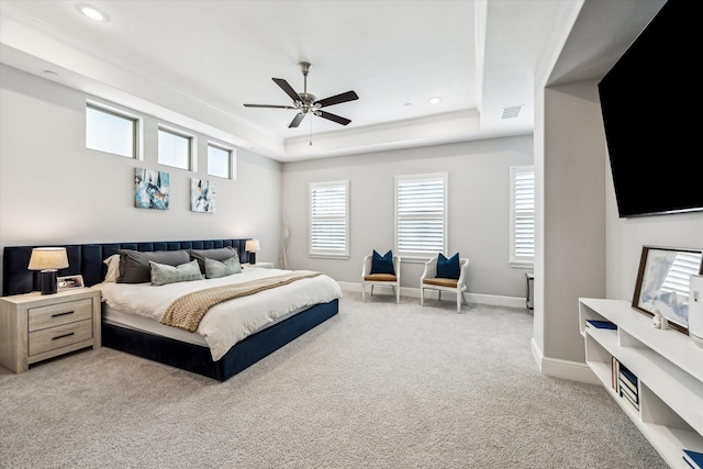 846 Dunleigh Meadows Ln, Houston, TX 77055 - bedroom featuring a tray ceiling, carpet floors, baseboards, recessed lighting, and ceiling fan