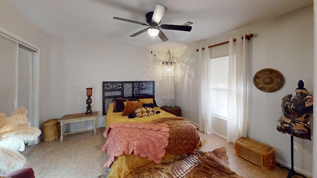 bedroom with a closet, a ceiling fan, and visible vents