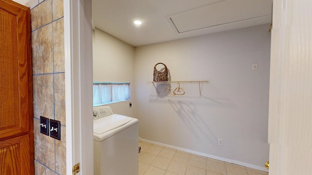 laundry room featuring laundry area, attic access, washer / clothes dryer, baseboards, and recessed lighting