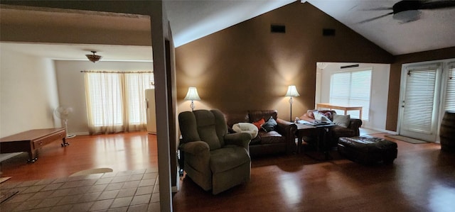 532 S Rivershire Dr, Conroe, TX 77304 - living room with a ceiling fan, lofted ceiling, wood finished floors, and baseboards