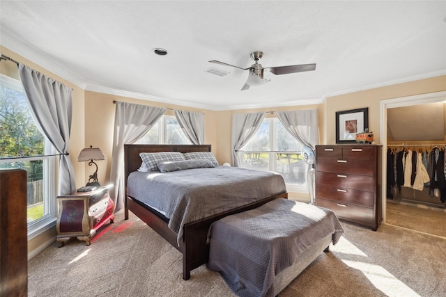 bedroom featuring ornamental molding, light carpet, multiple windows, and visible vents