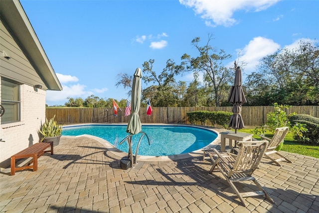 view of pool with a fenced in pool, a fenced backyard, and a patio area