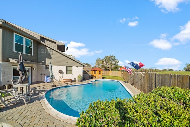 view of swimming pool featuring a fenced backyard, a fenced in pool, a storage unit, a patio area, and an outbuilding
