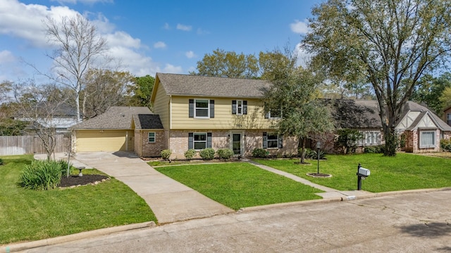 colonial house featuring fence, brick siding, a garage, a front yard, and concrete driveway