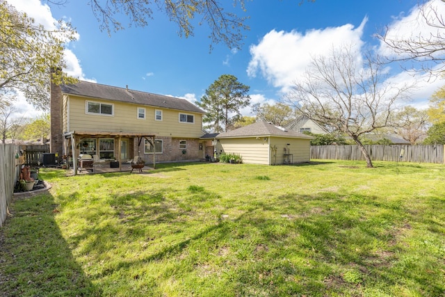 back of property featuring central air condition unit, a patio, a fenced backyard, and a lawn