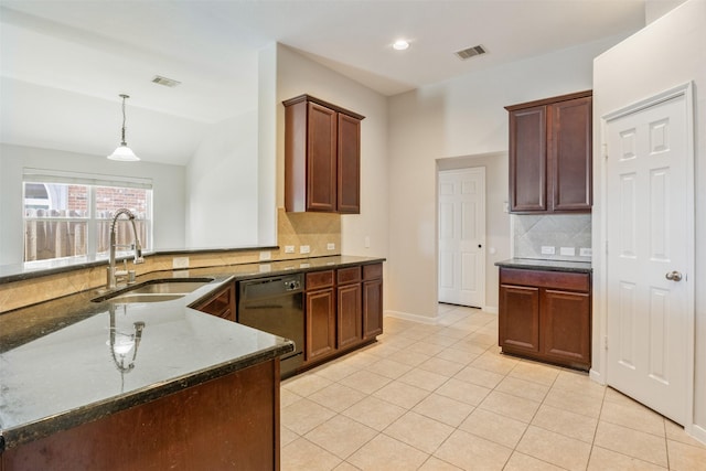 kitchen featuring a sink, dark stone countertops, black dishwasher, tasteful backsplash, and visible vents