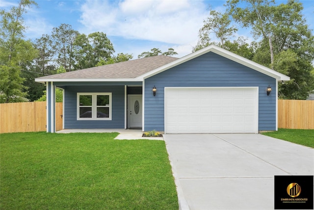 ranch-style house with a front lawn, roof with shingles, fence, and driveway
