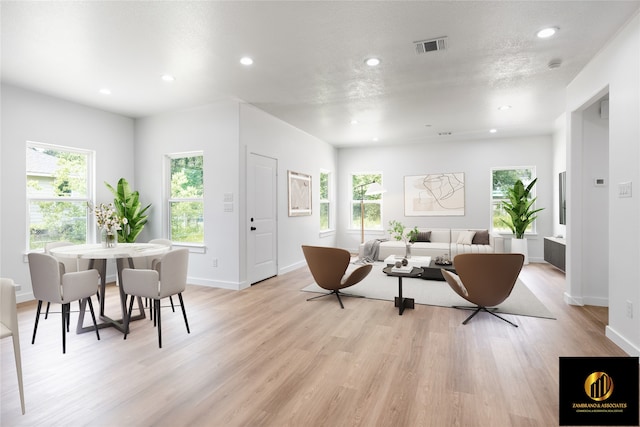 living room with recessed lighting, light wood finished floors, and a healthy amount of sunlight