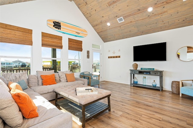 living area with visible vents, wood-type flooring, baseboards, high vaulted ceiling, and wood ceiling