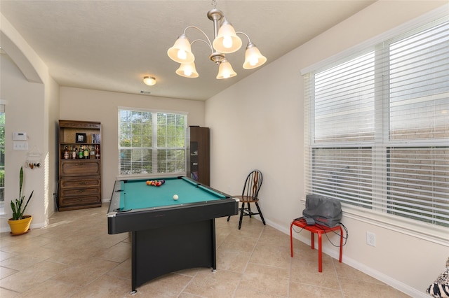 24618 Malca Manor Dr, Katy, TX 77493 - recreation room featuring light tile patterned floors, pool table, baseboards, and a notable chandelier