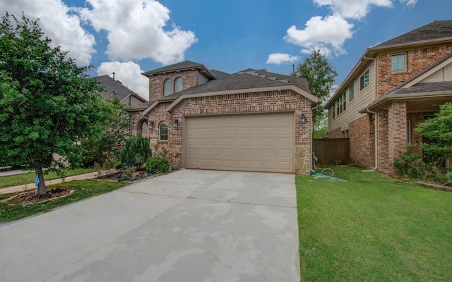 view of front of property featuring a front lawn, roof with shingles, brick siding, concrete driveway, and an attached garage