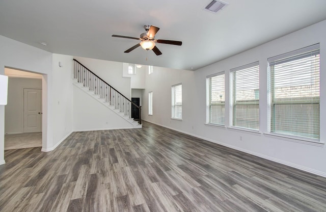 3730 Bach St, Iowa Colony, TX 77583 - unfurnished living room with a ceiling fan, wood finished floors, and stairs