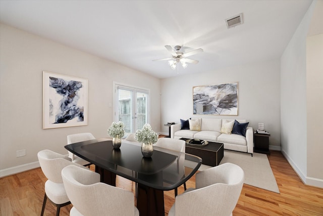 3726 Main Poplar Dr, Houston, TX 77025 - dining area featuring visible vents, baseboards, ceiling fan, and light wood-type flooring