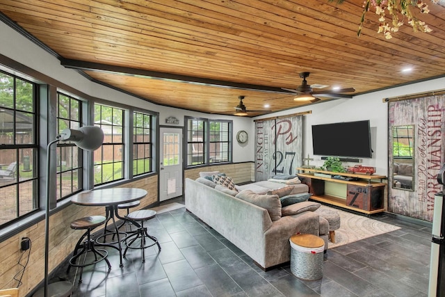 307 N St, Baytown, TX 77520 - living room featuring recessed lighting, ceiling fan, wooden ceiling, and a wealth of natural light