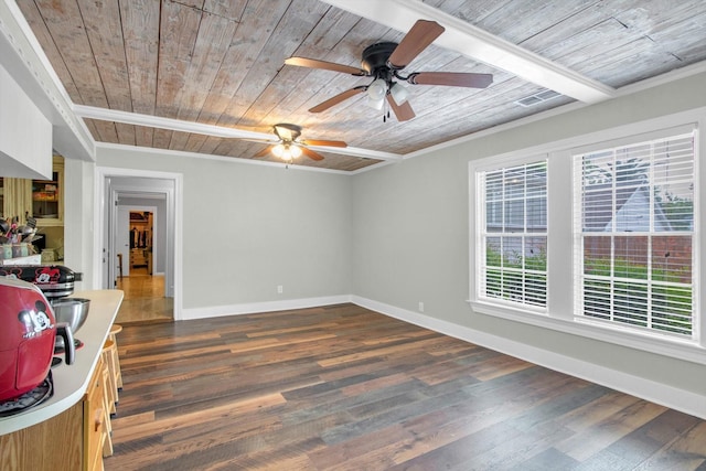 307 N St, Baytown, TX 77520 - unfurnished room with crown molding, wood ceiling, baseboards, and a ceiling fan