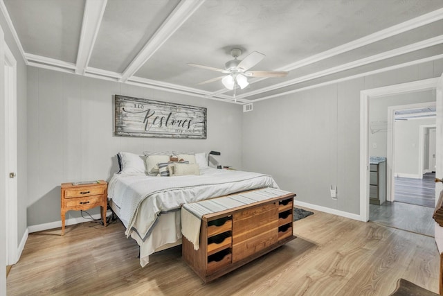 307 N St, Baytown, TX 77520 - bedroom featuring light wood-type flooring, a ceiling fan, baseboards, and visible vents