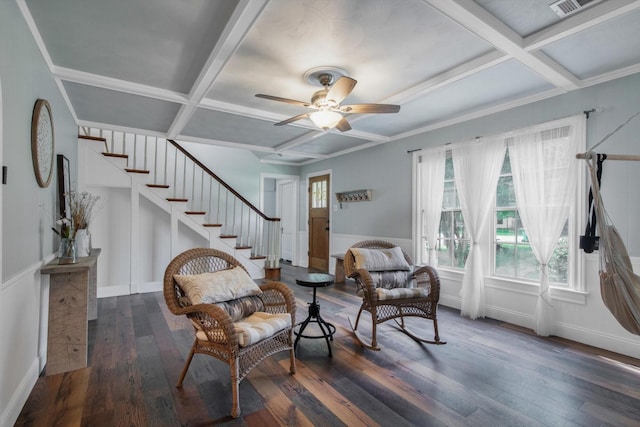 307 N St, Baytown, TX 77520 - sitting room with coffered ceiling, ceiling fan, hardwood / wood-style floors, and stairway