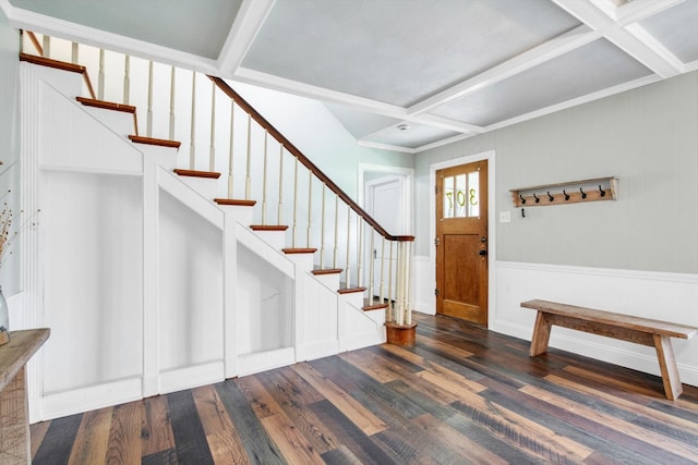 307 N St, Baytown, TX 77520 - foyer featuring stairs, wood finished floors, coffered ceiling, and beamed ceiling