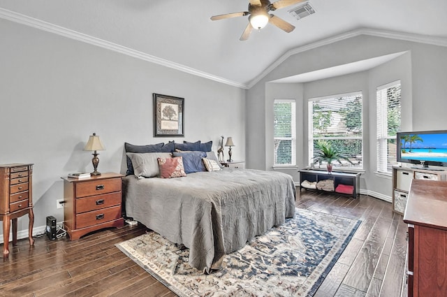 bedroom with ornamental molding, baseboards, lofted ceiling, visible vents, and dark wood-style floors