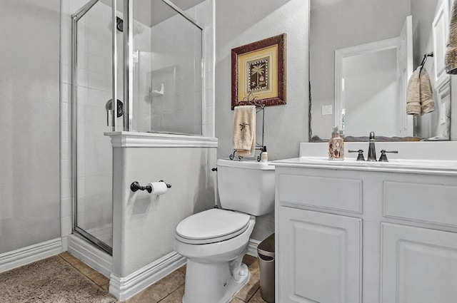bathroom with vanity, a textured wall, toilet, tile patterned floors, and a shower stall