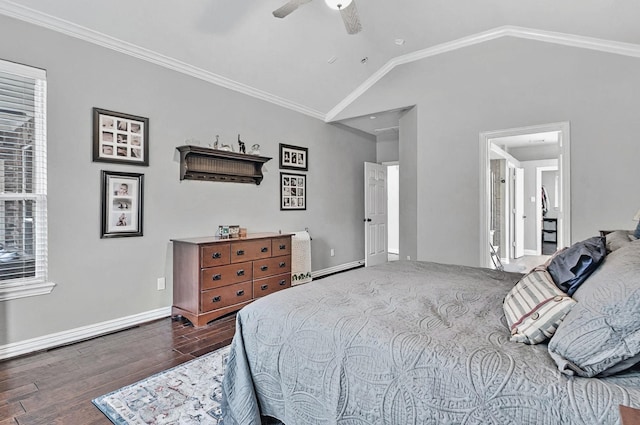 bedroom featuring wood finished floors, baseboards, a baseboard radiator, a ceiling fan, and vaulted ceiling