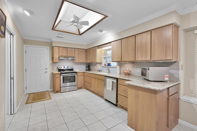 kitchen with crown molding, decorative backsplash, under cabinet range hood, a sink, and stainless steel appliances
