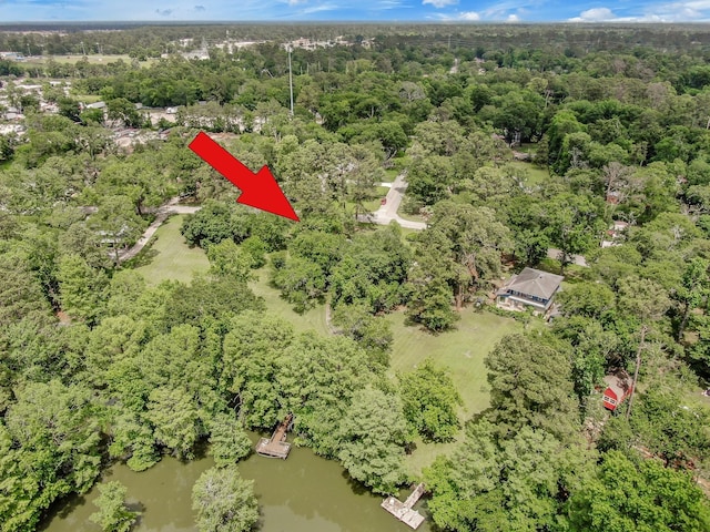 birds eye view of property featuring a view of trees and a water view