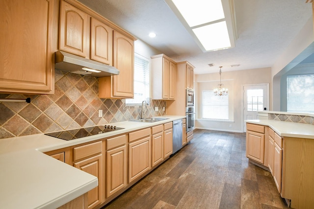 241 Blue Hill Dr, Montgomery, TX 77356 - kitchen with light brown cabinetry, a sink, under cabinet range hood, an inviting chandelier, and stainless steel appliances