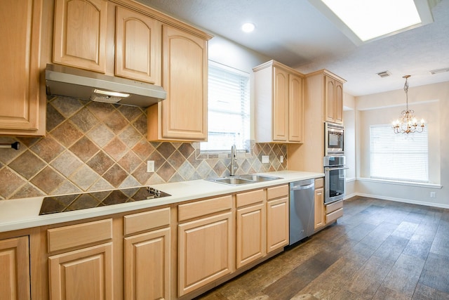 241 Blue Hill Dr, Montgomery, TX 77356 - kitchen featuring under cabinet range hood, appliances with stainless steel finishes, a sink, and light brown cabinets