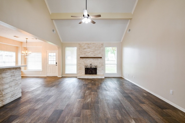 241 Blue Hill Dr, Montgomery, TX 77356 - unfurnished living room with a fireplace, high vaulted ceiling, dark wood finished floors, ceiling fan with notable chandelier, and visible vents