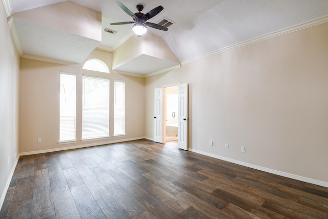 241 Blue Hill Dr, Montgomery, TX 77356 - empty room with ceiling fan, dark wood finished floors, baseboards, lofted ceiling, and visible vents