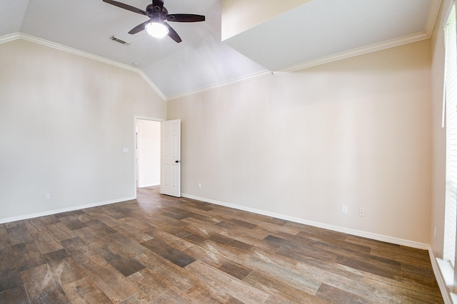 241 Blue Hill Dr, Montgomery, TX 77356 - unfurnished room featuring ceiling fan, baseboards, dark wood-type flooring, vaulted ceiling, and ornamental molding