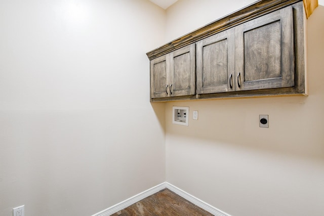 241 Blue Hill Dr, Montgomery, TX 77356 - laundry room with baseboards, hookup for a washing machine, dark wood finished floors, cabinet space, and hookup for an electric dryer