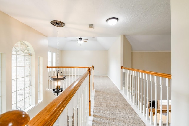 241 Blue Hill Dr, Montgomery, TX 77356 - hall featuring carpet, baseboards, an upstairs landing, lofted ceiling, and visible vents