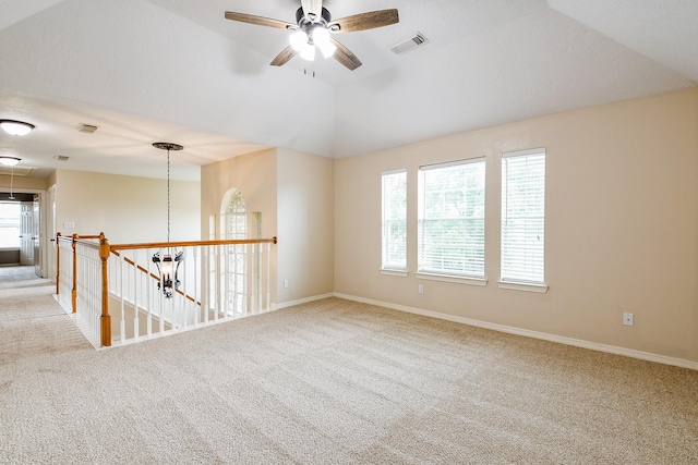 241 Blue Hill Dr, Montgomery, TX 77356 - carpeted empty room with visible vents, a ceiling fan, baseboards, and lofted ceiling