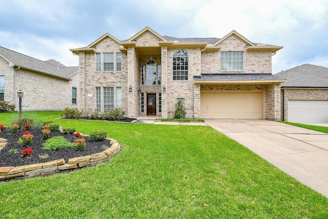 241 Blue Hill Dr, Montgomery, TX 77356 - view of front of house with concrete driveway, brick siding, an attached garage, and a front lawn