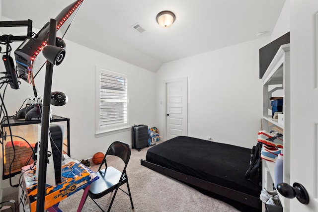 workout room featuring visible vents, carpet, and vaulted ceiling