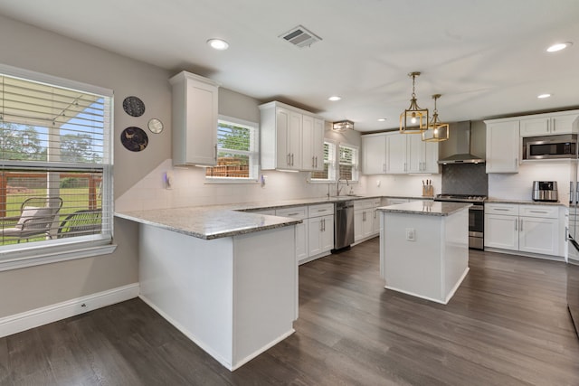 1015 Gardendale Dr, Houston, TX 77018 - kitchen featuring appliances with stainless steel finishes, a sink, wall chimney exhaust hood, a wealth of natural light, and visible vents