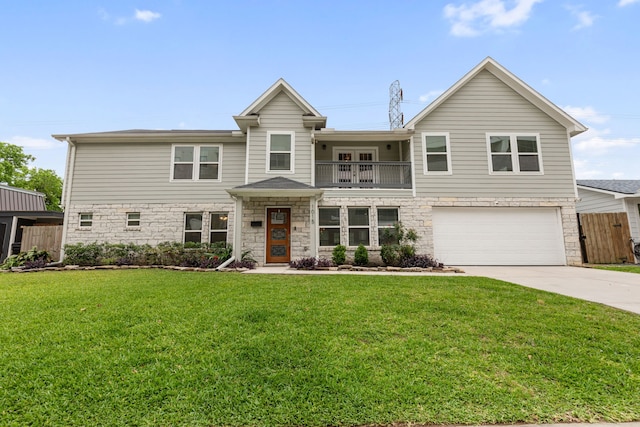 1015 Gardendale Dr, Houston, TX 77018 - view of front of house with driveway, a garage, a balcony, a front lawn, and stone siding