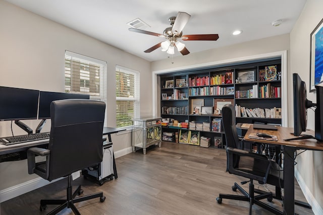 1015 Gardendale Dr, Houston, TX 77018 - office space with a ceiling fan, visible vents, wood finished floors, baseboards, and recessed lighting
