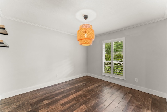 unfurnished room featuring crown molding, baseboards, and dark wood-type flooring