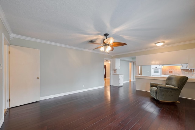 living room featuring a ceiling fan, visible vents, crown molding, baseboards, and dark wood-type flooring