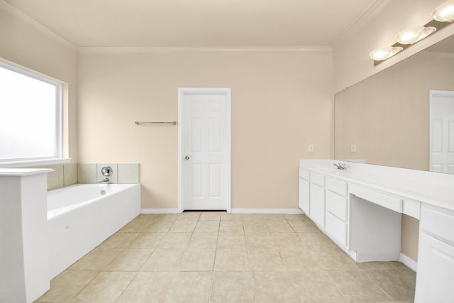 full bathroom featuring a garden tub, ornamental molding, vanity, baseboards, and tile patterned floors
