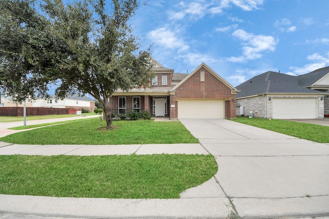 traditional home with driveway, brick siding, fence, a front lawn, and an attached garage