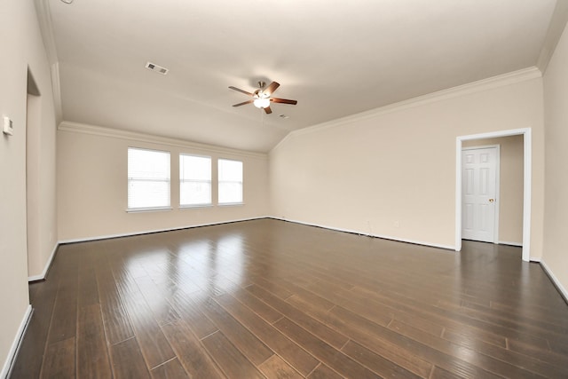 unfurnished living room featuring crown molding, ceiling fan, visible vents, and dark wood-type flooring