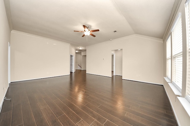 unfurnished living room featuring ceiling fan, vaulted ceiling, dark wood-style floors, and ornamental molding