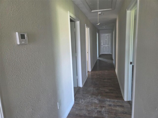 6403 O Brien St, Hitchcock, TX 77563 - corridor featuring attic access, dark wood-type flooring, and a textured wall